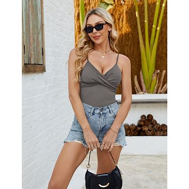 Women's Fitted V-Neck Cami Crop Top Sleeveless Spaghetti Straps with Ruched Front Detail