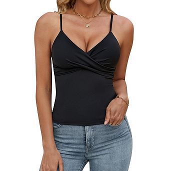 Women's Fitted V-Neck Cami Crop Top Sleeveless Spaghetti Straps with Ruched Front Detail
