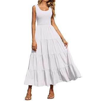 Women's Casual Plain Maxi Sundress Smocked Tank Dress Sleeveless Beach Tiered A-line Long Dresses