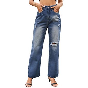 Women's Ripped Jeans High Waist Baggy Wide Leg Distressed Denim Pants