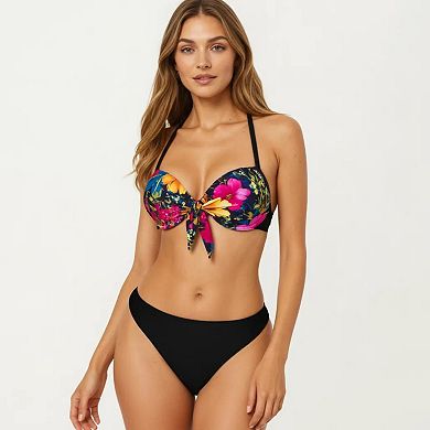 Women's 2-Piece Bikini Set with Push Up Underwire Top Front Tie Detail High Cut Bottom Floral Print