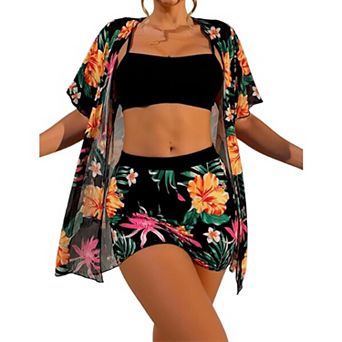 Women's 3 pc Floral Print Swimsuit Set High Waisted Bathing Suit with Cover Up