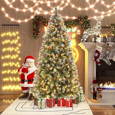 Gymax 6.5 FT Pre-Lit Christmas Tree Artificial Hinged w/ 420 Warm-White LED Lights & 909 Branch Tips