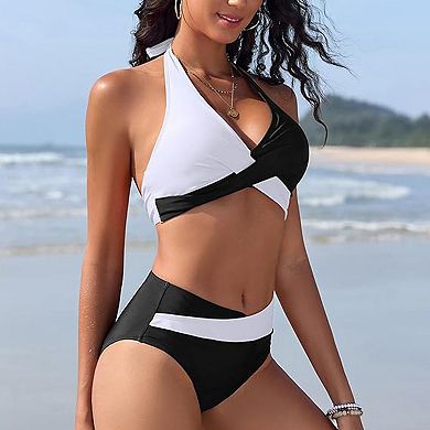 Women's Color Block Halter Bikini Set High Waisted Twist Front Two Piece Swimsuit