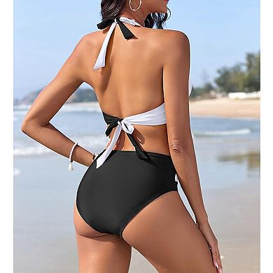 Women's Color Block Halter Bikini Set High Waisted Twist Front Two Piece Swimsuit