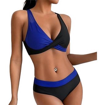 Women's Color Block Halter Bikini Set High Waisted Twist Front Two Piece Swimsuit