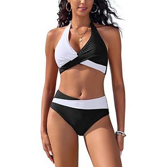 Women's Color Block Halter Bikini Set High Waisted Twist Front Two Piece Swimsuit