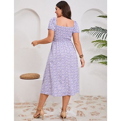 Women's Plus Size Floral Slit A Line Tie Front Square Neck Puff Sleeve Flovey Sundresses
