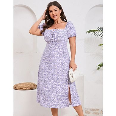Women's Plus Size Floral Slit A Line Tie Front Square Neck Puff Sleeve Flovey Sundresses
