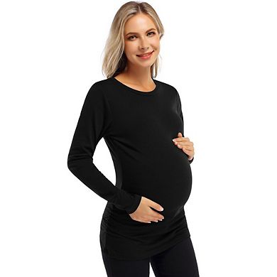Womens Pregnancy Clothes Side Ruched Tunic Tops Maternity Shirt Fall Long Sleeve Crew Neck T-Shirts