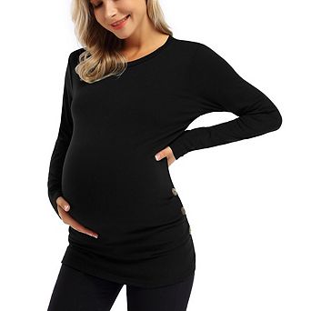 Womens Pregnancy Clothes Side Ruched Tunic Tops Maternity Shirt Fall Long Sleeve Crew Neck T-Shirts