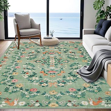 Boho Area Rugs, Washable Soft Floral Print Carpet Non Slip Low Pile Flower Botanical Rug