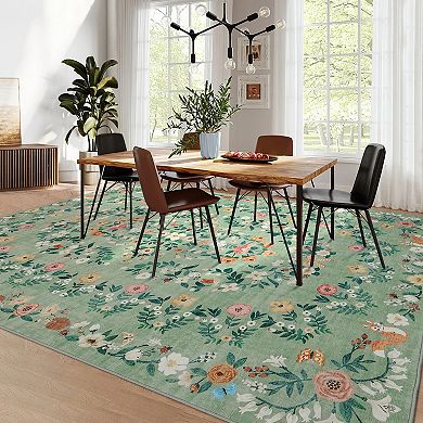 Boho Area Rugs, Washable Soft Floral Print Carpet Non Slip Low Pile Flower Botanical Rug