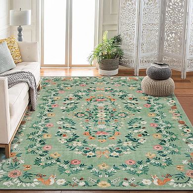Boho Area Rugs, Washable Soft Floral Print Carpet Non Slip Low Pile Flower Botanical Rug