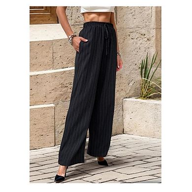 Womens Pleated Wide Leg Palazzo Maxi Pants Flowy Beach Trousers with Drawstring or Elastic Band