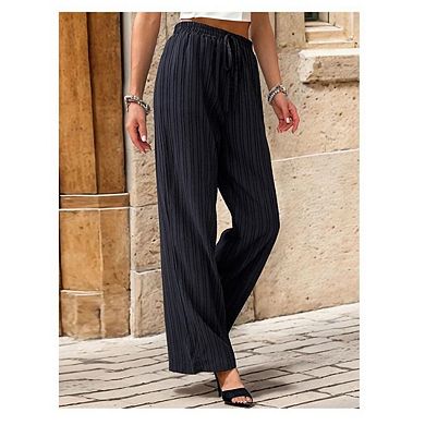 Womens Pleated Wide Leg Palazzo Maxi Pants Flowy Beach Trousers with Drawstring or Elastic Band
