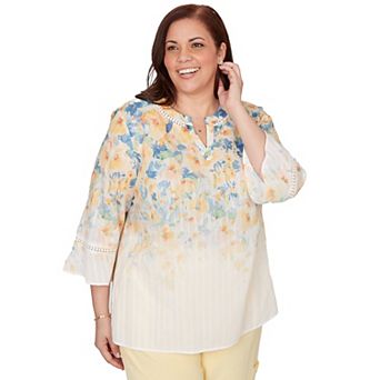 Plus Size Alfred Dunner Falling Floral Three-Quarter Sleeve Top