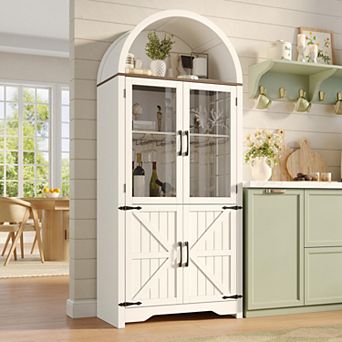 72 Tall Arched Wine Cabinet with Glass Door, Coffee Bar Cabinets with Wine Rack, Liquor Cabinet