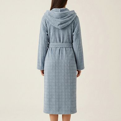 Women's Hooded Plush Long Robe with Tie Waist Belt Textured Soft Warm Full Length Bathrobe