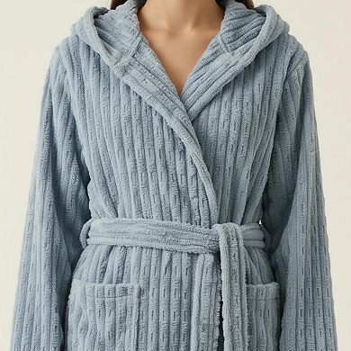 Women's Hooded Plush Long Robe with Tie Waist Belt Textured Soft Warm Full Length Bathrobe