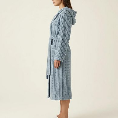 Women's Hooded Plush Long Robe with Tie Waist Belt Textured Soft Warm Full Length Bathrobe