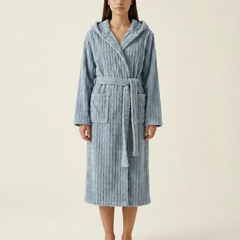 Women's Hooded Plush Long Robe with Tie Waist Belt Textured Soft Warm Full Length Bathrobe