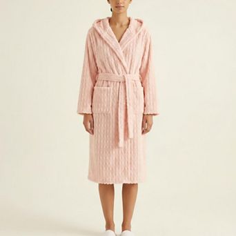 Women's Hooded Plush Long Robe with Tie Waist Belt Textured Soft Warm Full Length Bathrobe