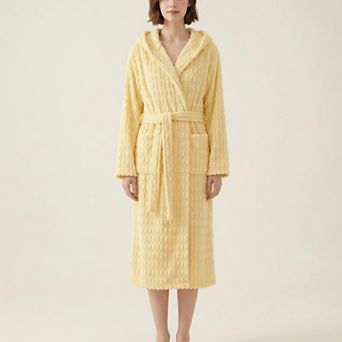 Women's Hooded Plush Long Robe with Tie Waist Belt Textured Soft Warm Full Length Bathrobe