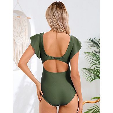 Women's Ruffle Sleeve One Piece Swimsuit Plunging V-Neck Tummy Control Bathing Suit for Beach Pool