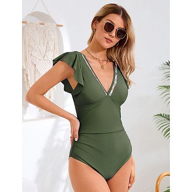 Women's Ruffle Sleeve One Piece Swimsuit Plunging V-Neck Tummy Control Bathing Suit for Beach Pool