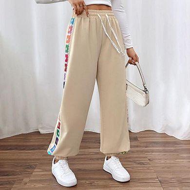 Womens Cinch Bottom Sweatpants Color-Block Sides High Waisted Joggers