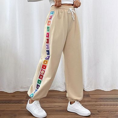 Womens Cinch Bottom Sweatpants Color-Block Sides High Waisted Joggers
