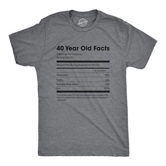 Mens 40 Year Old Facts T Shirt Funny Forties Nutrition Label Coffee Birthday Tee