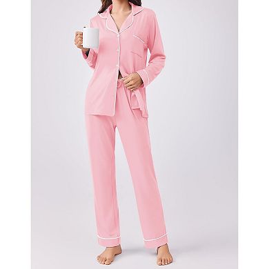 Ekouaer Womens Pajamas Set 2 Piece Button Down Sleepwear Soft Long Sleeve Top and Pants Pjs Lounge