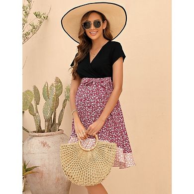 Women's Maternity Wrap Dress with Short Sleeves and Ruffle Hem