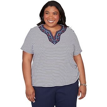 Plus Size Alfred Dunner Embroidered Neck Striped Side Tie Top