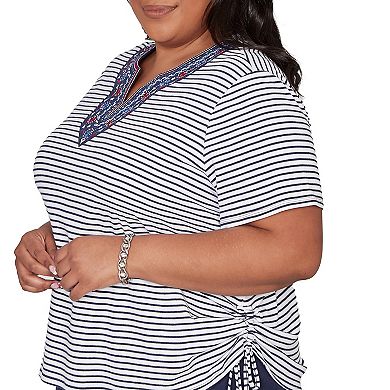 Plus Size Alfred Dunner Embroidered Neck Striped Side Tie Top