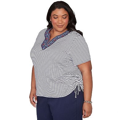 Plus Size Alfred Dunner Embroidered Neck Striped Side Tie Top