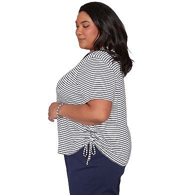 Plus Size Alfred Dunner Embroidered Neck Striped Side Tie Top