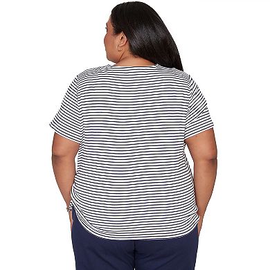 Plus Size Alfred Dunner Embroidered Neck Striped Side Tie Top