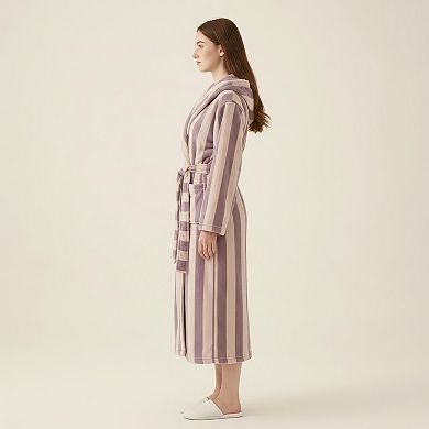 Women's Striped Plush Long Robe with Shawl Collar Tie Waist Belt Soft Textured Full Length Bathrobe