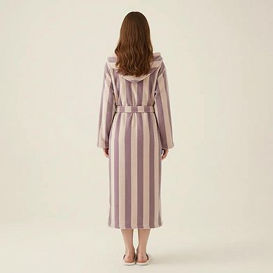 Women's Striped Plush Long Robe with Shawl Collar Tie Waist Belt Soft Textured Full Length Bathrobe