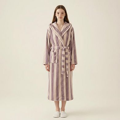 Women's Striped Plush Long Robe with Shawl Collar Tie Waist Belt Soft Textured Full Length Bathrobe