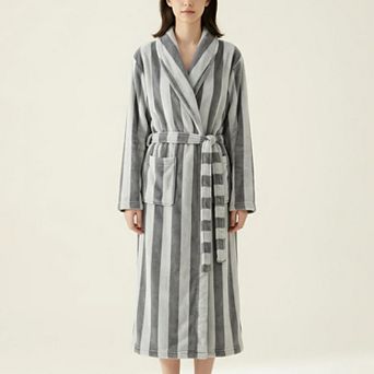 Women's Striped Plush Long Robe with Shawl Collar Tie Waist Belt Soft Textured Full Length Bathrobe
