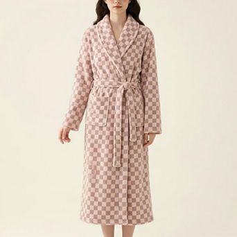 Women's Striped Plush Long Robe with Shawl Collar Tie Waist Belt Soft Textured Full Length Bathrobe