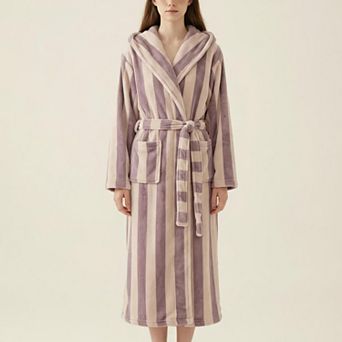 Women's Striped Plush Long Robe with Shawl Collar Tie Waist Belt Soft Textured Full Length Bathrobe