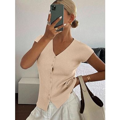 Women's Ribbed Knit Button Front Short Sleeve Tops, Slim Fit Casual Summer T-Shirts