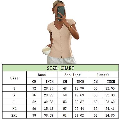 Women's Ribbed Knit Button Front Short Sleeve Tops, Slim Fit Casual Summer T-Shirts