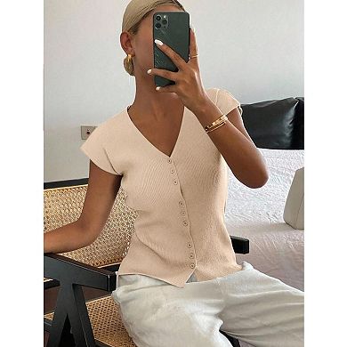 Women's Ribbed Knit Button Front Short Sleeve Tops, Slim Fit Casual Summer T-Shirts