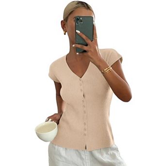 Women's Ribbed Knit Button Front Short Sleeve Tops, Slim Fit Casual Summer T-Shirts